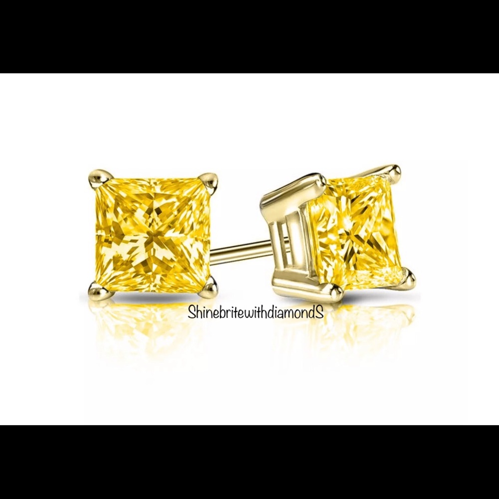 2 ctw Princess Canary 14k Solid Gold Stud Earrings
